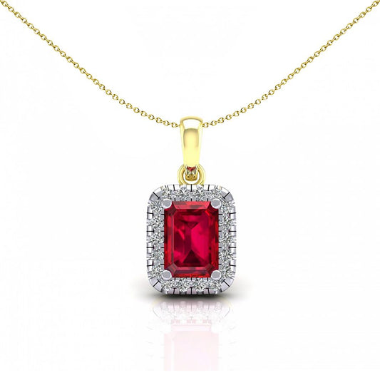 2-Colour 9ct Gold  Red Emerald CZ Solitaire Halo Necklace 20" - G9P6039RU
