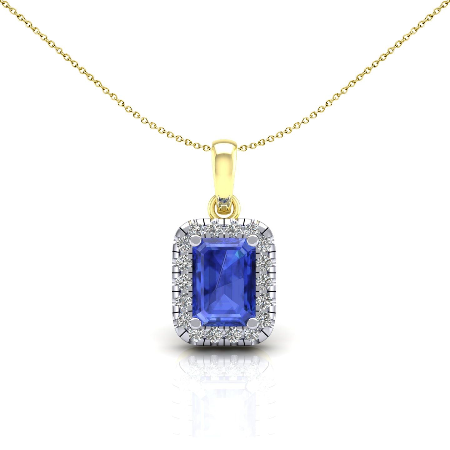 2-Colour 9ct Gold  Blue Emerald CZ Solitaire Halo Necklace 20" - G9P6039SP