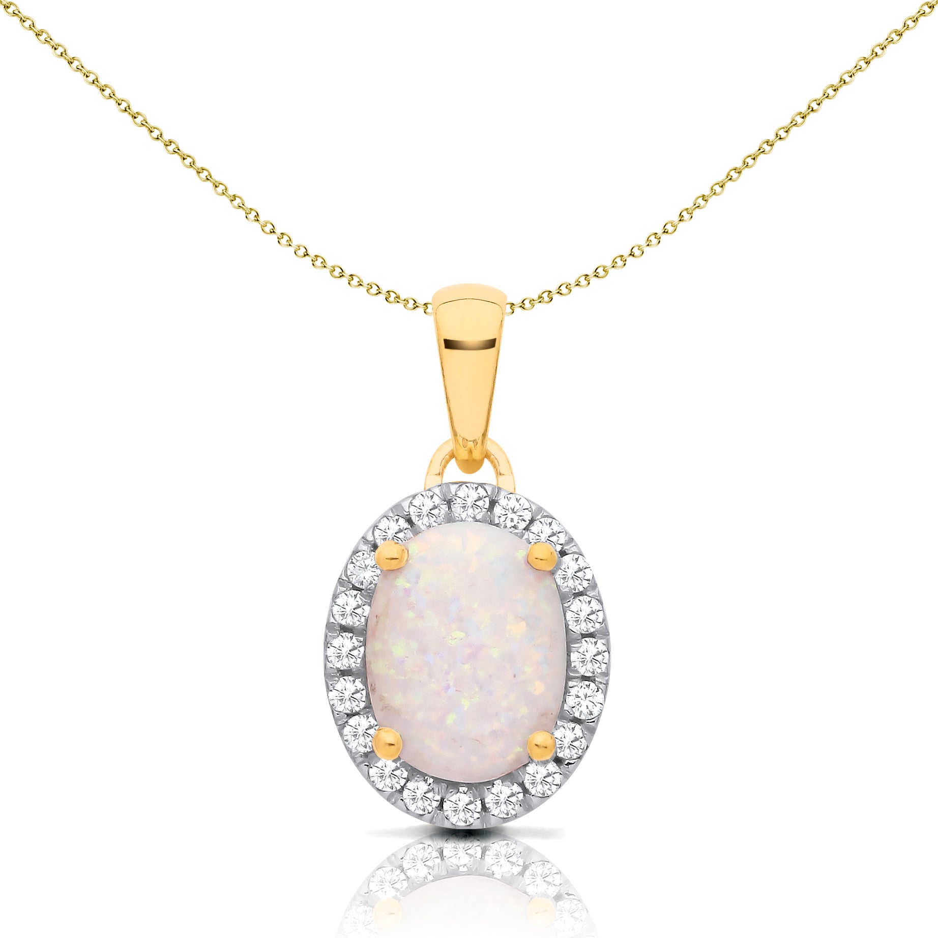 2-Colour 9ct Gold  Rainbow Oval Opal CZ Halo Necklace 20" - G9P6040OP