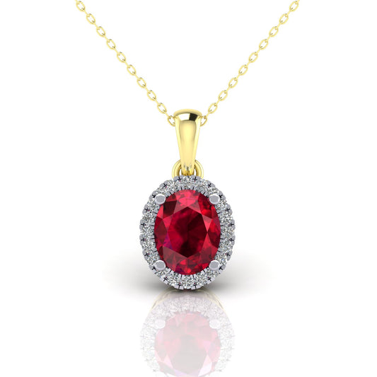 2-Colour 9ct Gold  Red Oval CZ Solitaire Halo Pendant Necklace 20" - G9P6040RU