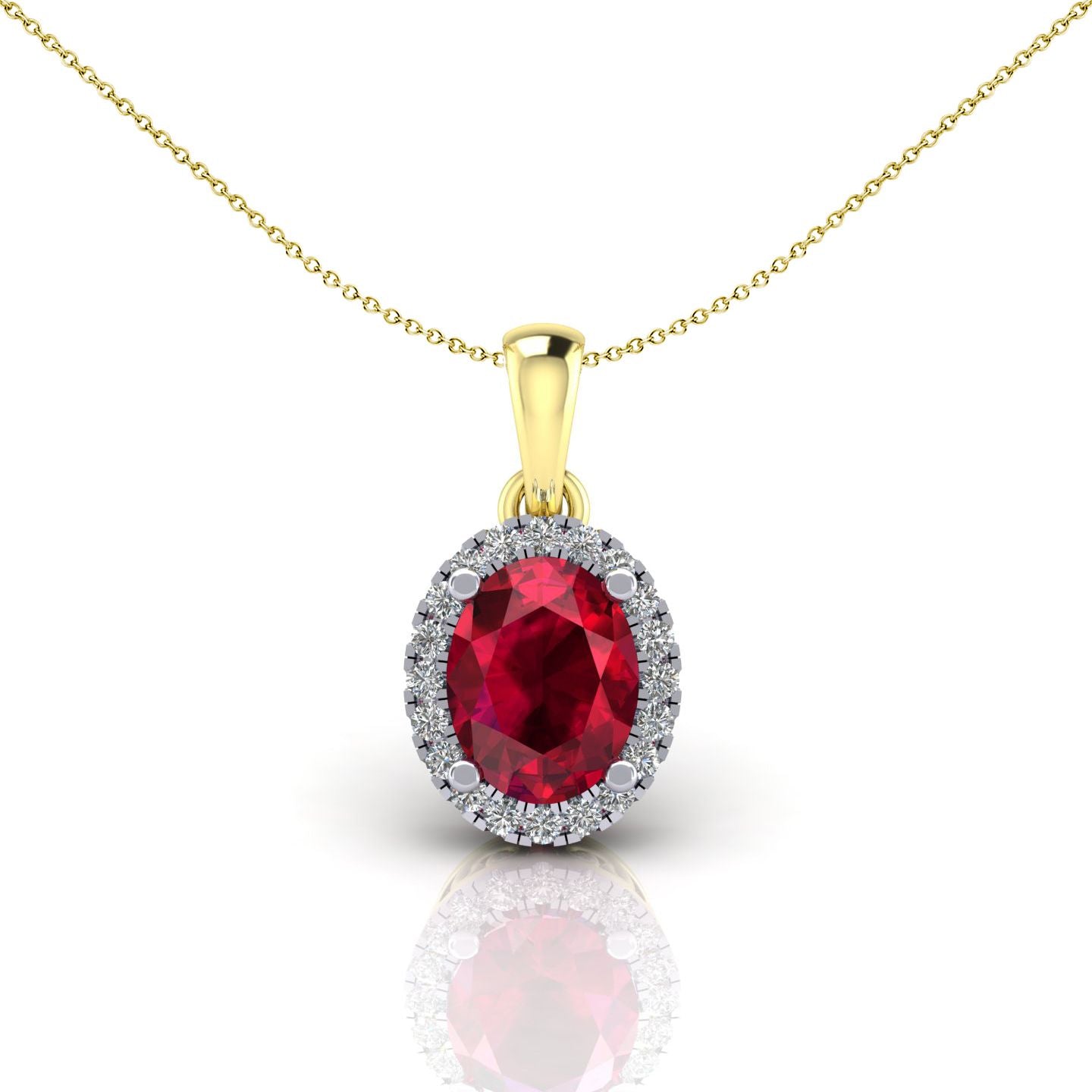 2-Colour 9ct Gold  Red Oval CZ Solitaire Halo Pendant Necklace 20" - G9P6040RU