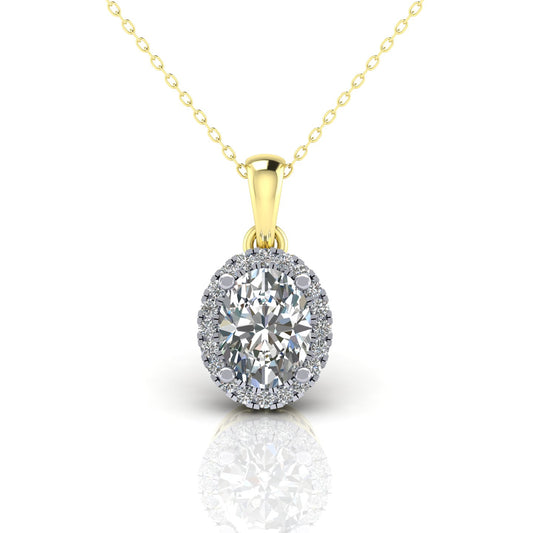 2-Colour 9ct Gold  Oval CZ Solitaire Halo Pendant Necklace 20" - G9P6040