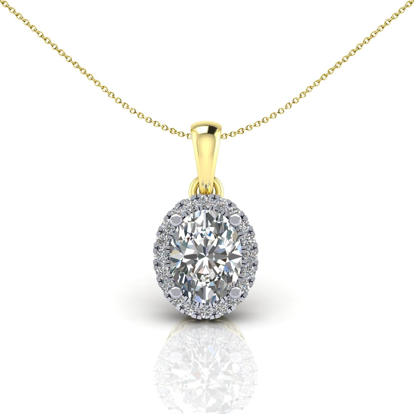 2-Colour 9ct Gold  Oval CZ Solitaire Halo Pendant Necklace 20" - G9P6040