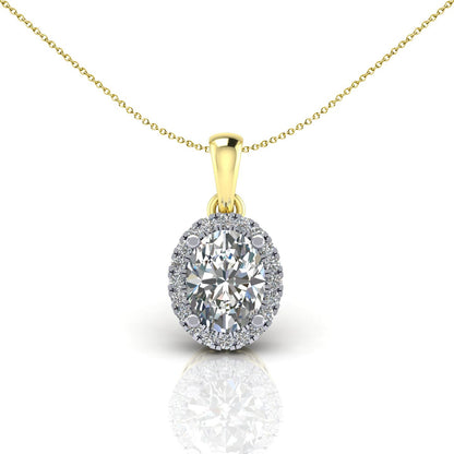 2-Colour 9ct Gold  Oval CZ Solitaire Halo Pendant Necklace 20" - G9P6040