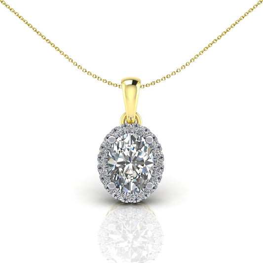2-Colour 9ct Gold  Oval CZ Solitaire Halo Pendant Necklace 20" - G9P6040