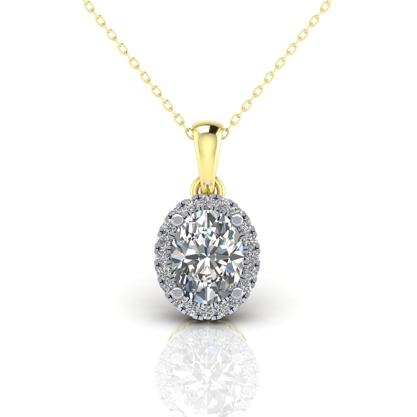 2-Colour 9ct Gold  Oval CZ Solitaire Halo Pendant Necklace 20" - G9P6040