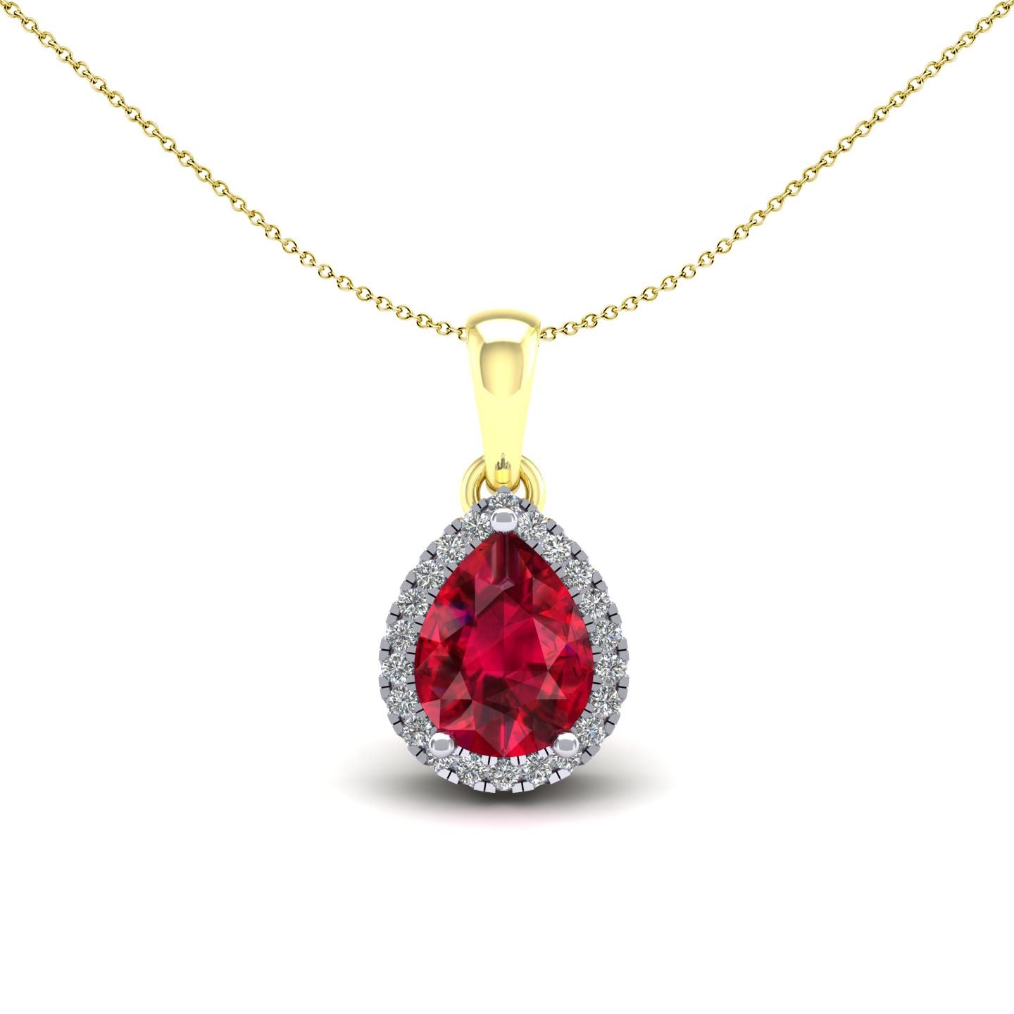 2-Colour 9ct Gold  Red Pear CZ Solitaire Halo Pendant Necklace 20" - G9P6041RU