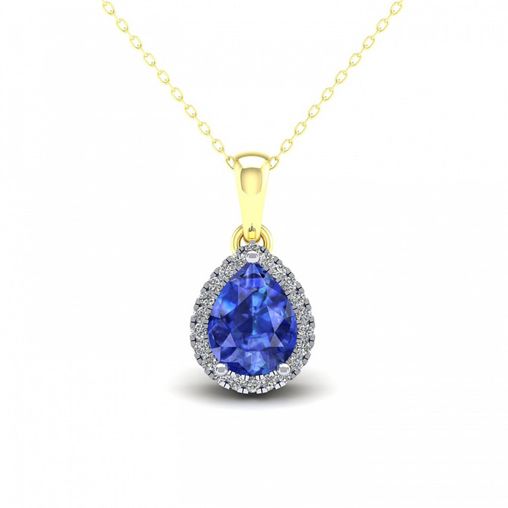 2-Colour 9ct Gold  Blue Pear CZ Solitaire Halo Necklace 20" - G9P6041SP