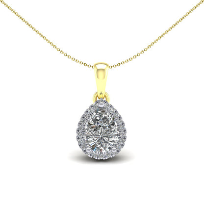2-Colour 9ct Gold  Pear CZ Solitaire Halo Pendant Necklace 20" - G9P6041