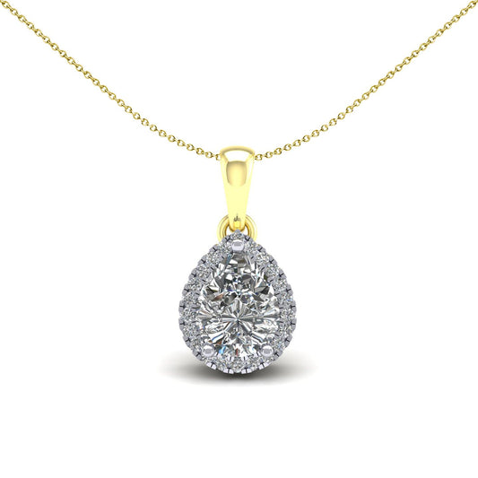 2-Colour 9ct Gold  Pear CZ Solitaire Halo Pendant Necklace 20" - G9P6041