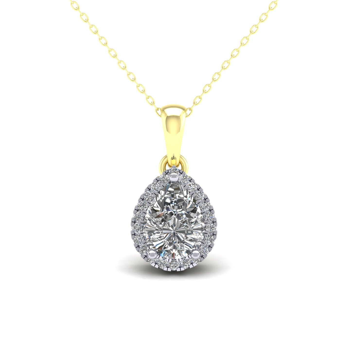 2-Colour 9ct Gold  Pear CZ Solitaire Halo Pendant Necklace 20" - G9P6041