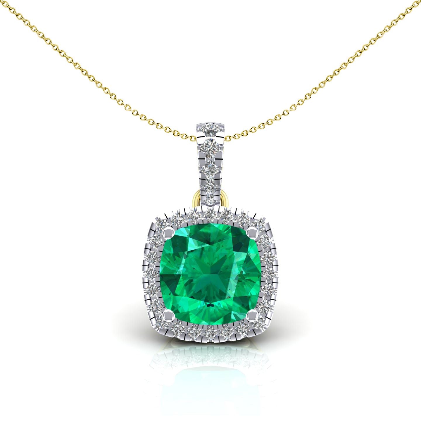 2-Colour 9ct Gold  Green Cushion CZ Solitaire Halo Necklace 20" - G9P6042EM