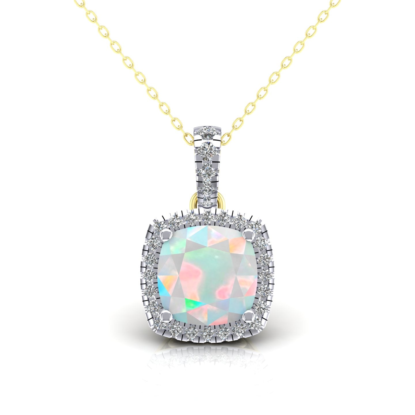 2-Colour 9ct Gold  Rainbow Cushion Opal CZ Halo Necklace 20" - G9P6042OP