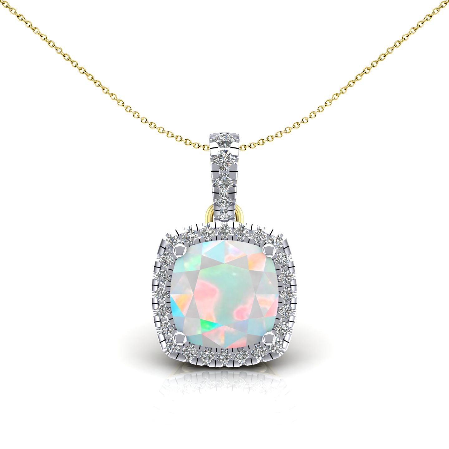 2-Colour 9ct Gold  Rainbow Cushion Opal CZ Halo Necklace 20" - G9P6042OP