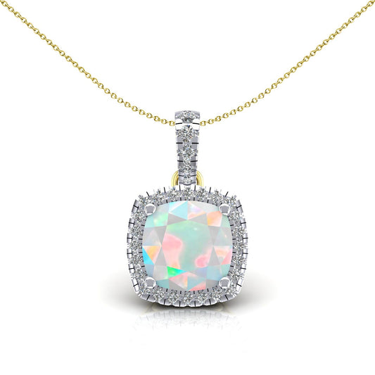 2-Colour 9ct Gold  Rainbow Cushion Opal CZ Halo Necklace 20" - G9P6042OP