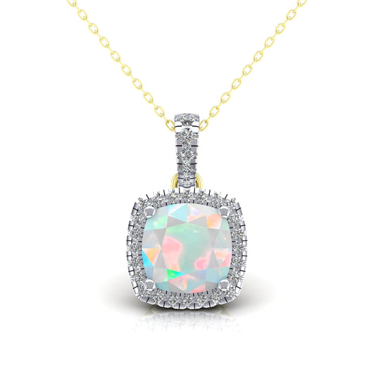 2-Colour 9ct Gold  Rainbow Cushion Opal CZ Halo Necklace 20" - G9P6042OP