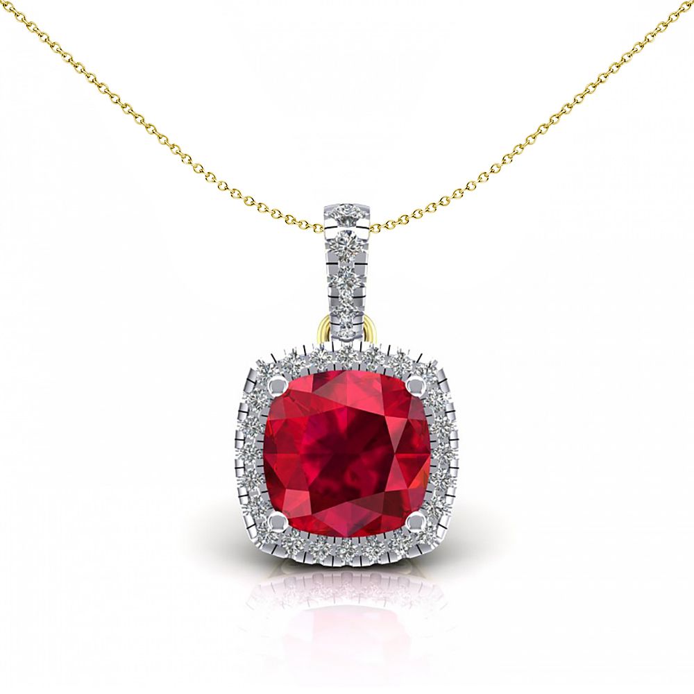 2-Colour 9ct Gold  Red Cushion CZ Solitaire Halo Necklace 20" - G9P6042RU