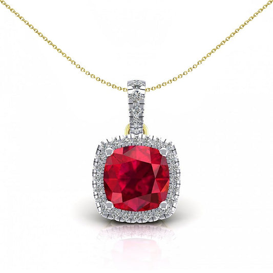 2-Colour 9ct Gold  Red Cushion CZ Solitaire Halo Necklace 20" - G9P6042RU