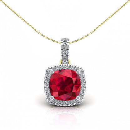 2-Colour 9ct Gold  Red Cushion CZ Solitaire Halo Necklace 20" - G9P6042RU