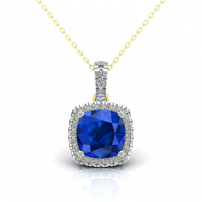 2-Colour 9ct Gold  Blue Cushion CZ Solitaire Halo Necklace 20" - G9P6042SP