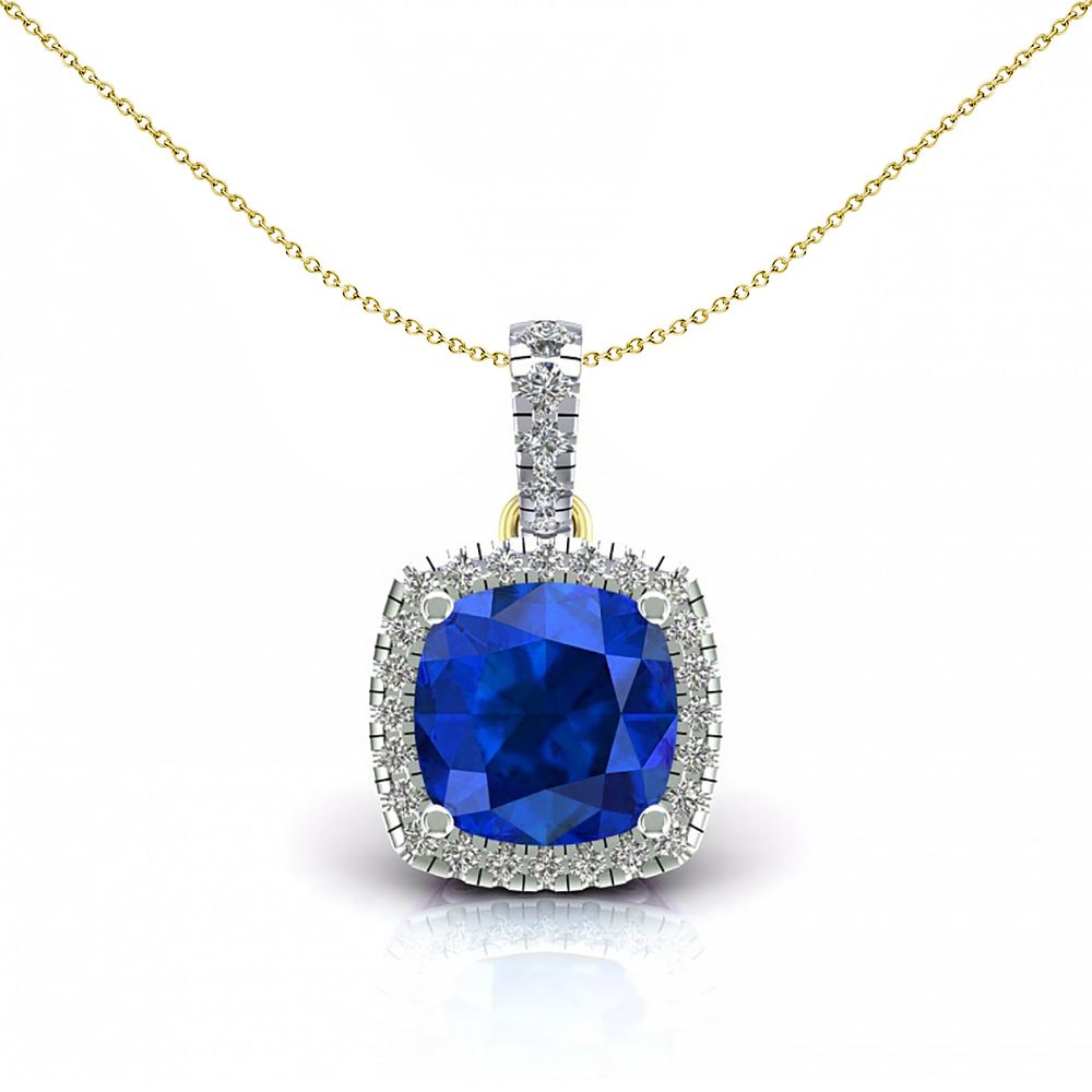 2-Colour 9ct Gold  Blue Cushion CZ Solitaire Halo Necklace 20" - G9P6042SP