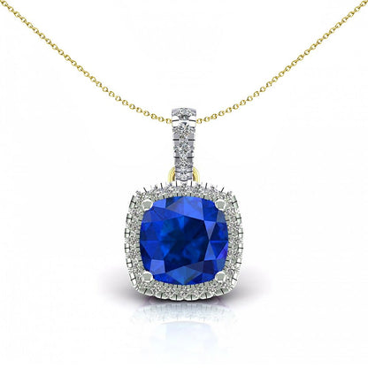 2-Colour 9ct Gold  Blue Cushion CZ Solitaire Halo Necklace 20" - G9P6042SP