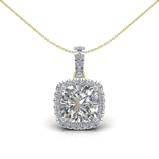 2-Colour 9ct Gold  Cushion CZ Solitaire Halo Pendant Necklace 20" - G9P6042