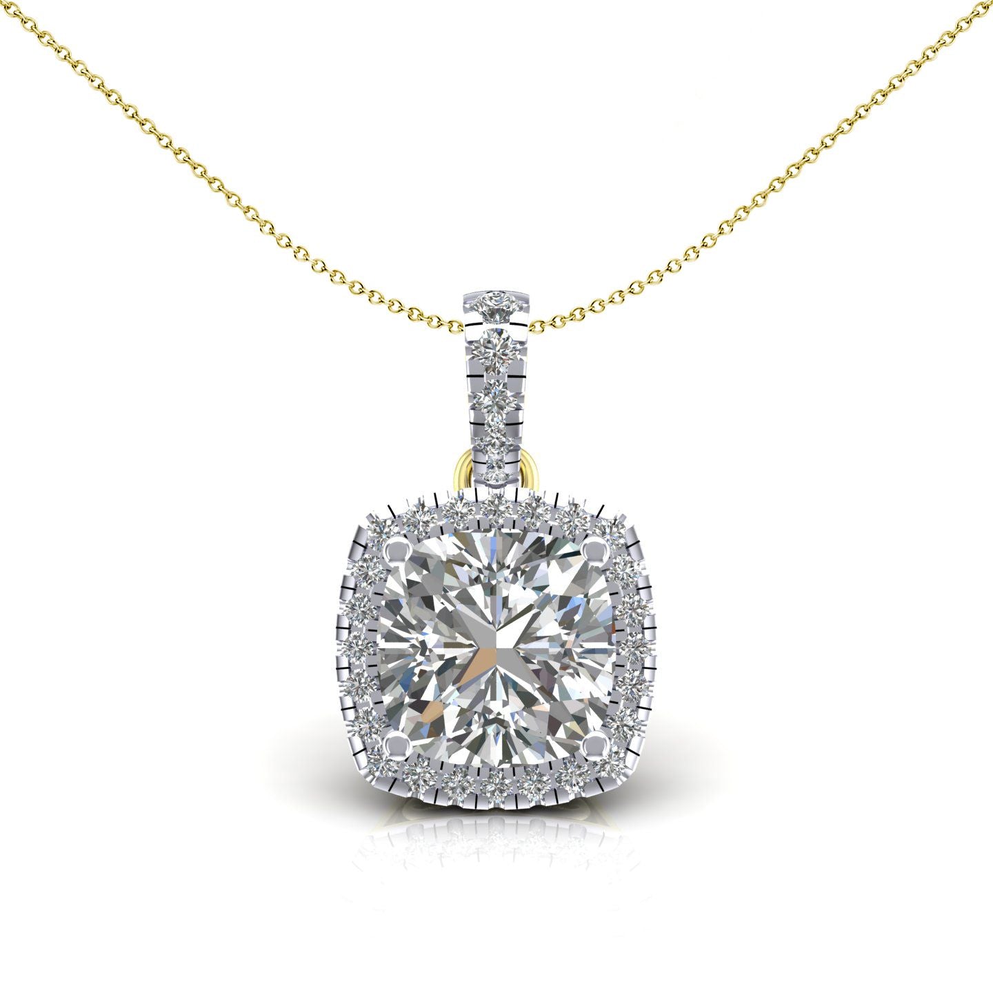2-Colour 9ct Gold  Cushion CZ Solitaire Halo Pendant Necklace 20" - G9P6042