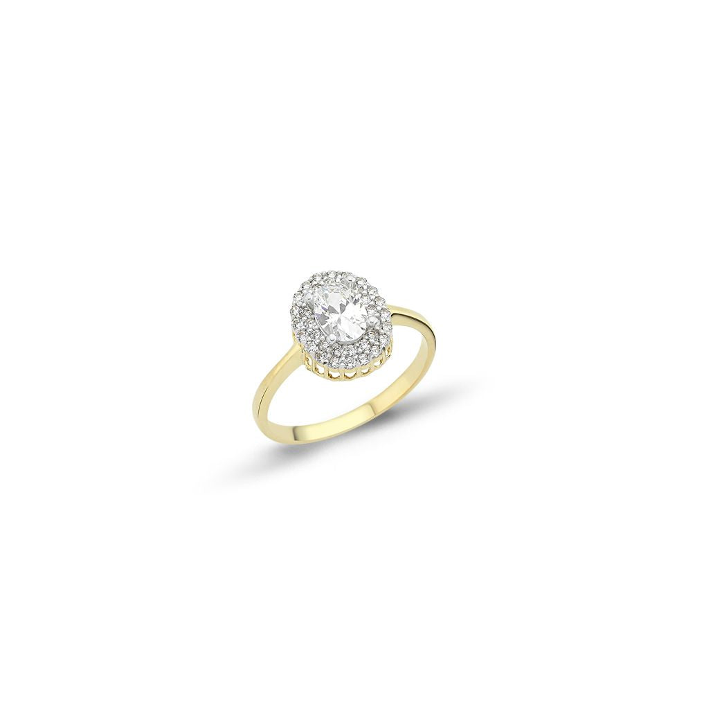 2-Colour 9ct Gold  Oval CZ 2 Row Halo Solitaire Engagement Ring - G9R0028