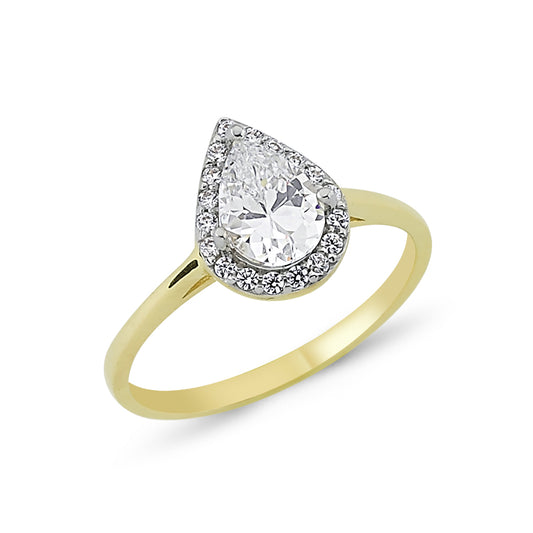 2-Colour 9ct Gold  Pear CZ Solitaire Halo Avocado Engagement Ring - G9R0029