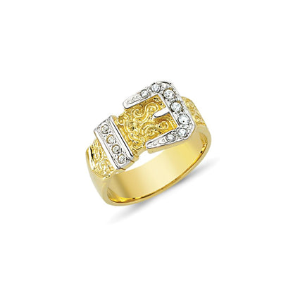 Mens 2-Colour 9ct Gold  CZ Filigree Carved Belt Buckle Ring - G9R8819