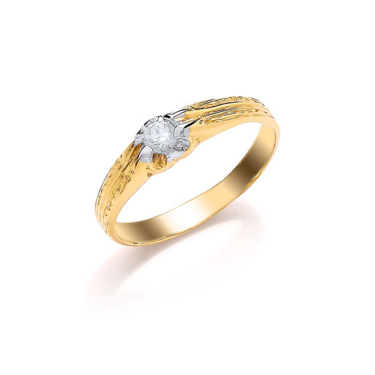 Kids 9ct Gold  CZ Barked Split Shank Gypsy Solitaire Ring - G9R9000
