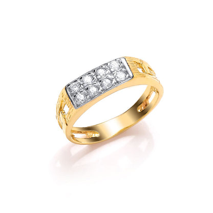 Kids 2-Colour 9ct Gold  CZ Barked Curb Link Cluster Signet Ring - G9R9003