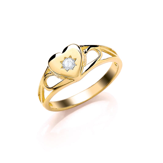 Kids 9ct Gold  CZ Scroll Sides Love Heart Solitaire Signet Ring - G9R9008