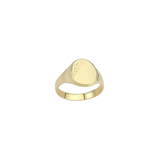 Mens 9ct Gold  Semi Carved Oval Engraved Signet Ring - G9R9020