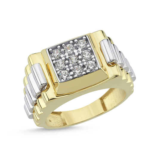 Mens 2-Colour 9ct Gold CZ Watch Style Ring - G9R9022