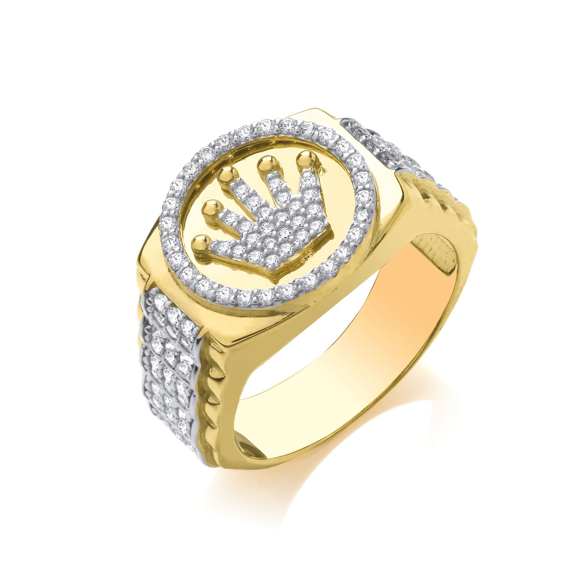 Mens 2-Colour 9ct Gold  CZ Presidential Watch Crown Signet Ring - G9R9027