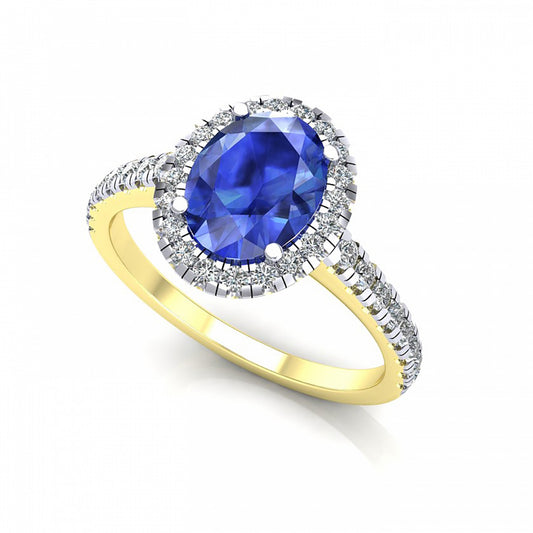 9ct Gold  Blue Oval CZ Shoulder Set Oval Halo Engagement Ring - G9R9032SP