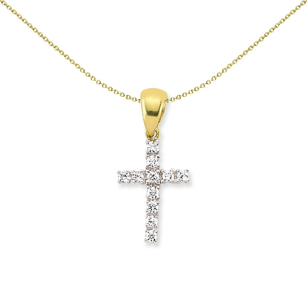 2-Colour 9ct Gold  CZ Eternity Cluster Religious Cross Pendant - G9X0007