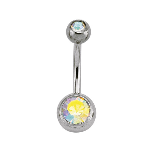 Steel  Aurora Borealis Rainbow Crystal Ball Banana Belly Bar - GBB11