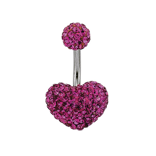 Steel  Hot Pink Crystal Love Heart Disco Ball Banana Belly Bar - GBB14