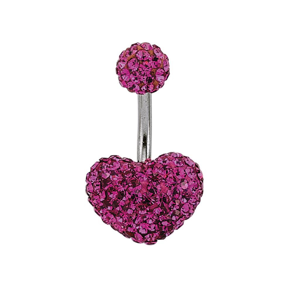 Steel  Hot Pink Crystal Love Heart Disco Ball Banana Belly Bar - GBB14