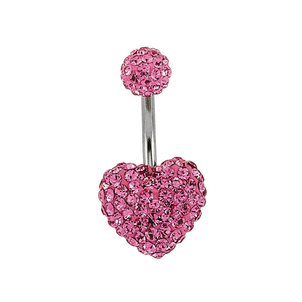 Steel  Baby Pink Crystal Love Heart Disco Ball Banana Belly Bar - GBB15