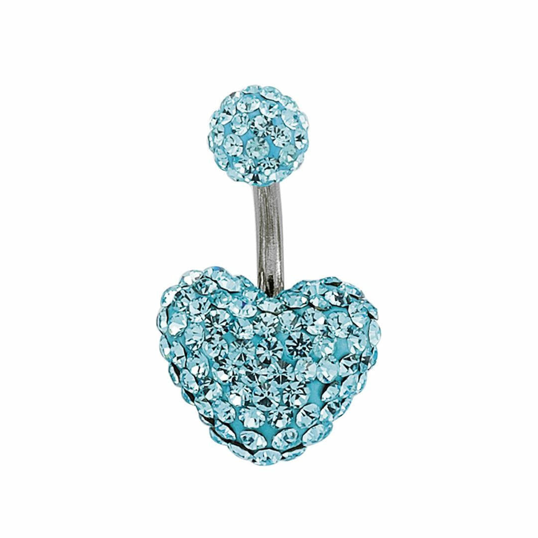 Steel  Aqua Blue Crystal Love Heart Disco Ball Banana Belly Bar - GBB16