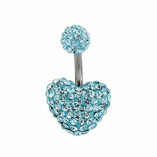 Steel  Aqua Blue Crystal Love Heart Disco Ball Banana Belly Bar - GBB16