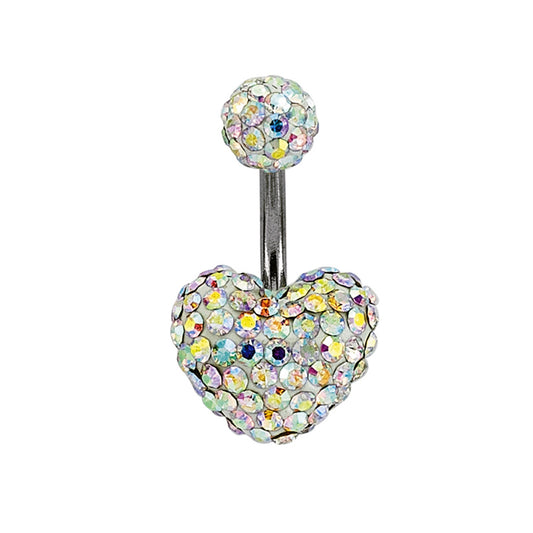 Steel  Rainbow Crystal Love Heart Disco Ball Banana Belly Bar - GBB17