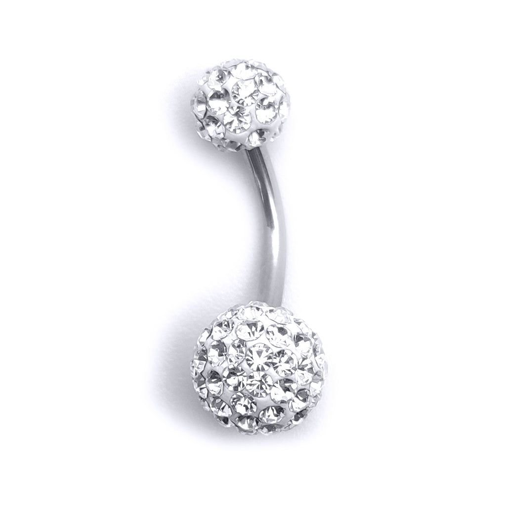 Sterling Silver  White Crystal Disco Ball Banana Belly Bar 6mm 8mm - GBB1