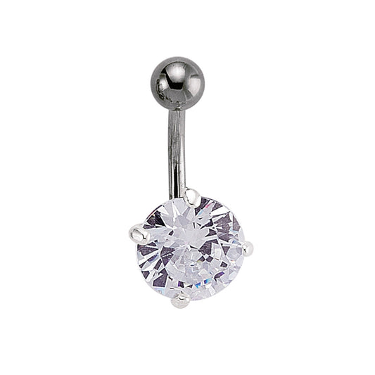 Silver  Solitaire Round CZ & Stainless Steel Banana Belly Bar Ball - GBB21