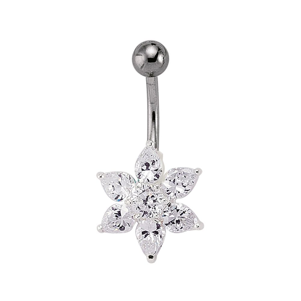 Silver  CZ Flower Cluster & Stainless Steel Banana Belly Bar Ball - GBB22