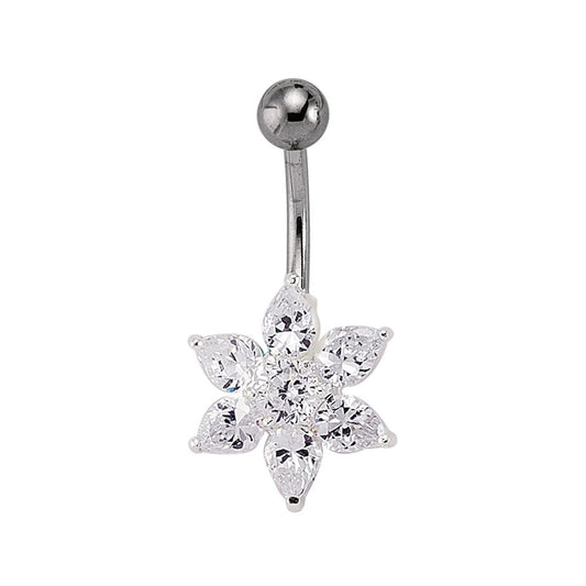 Silver  CZ Flower Cluster & Stainless Steel Banana Belly Bar Ball - GBB22